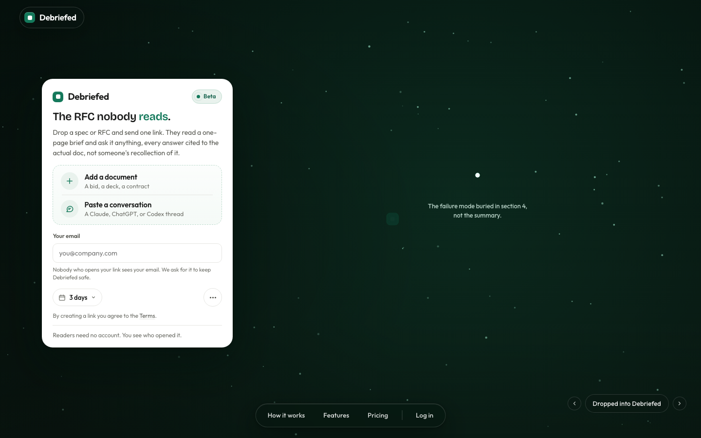 Debriefed landing page