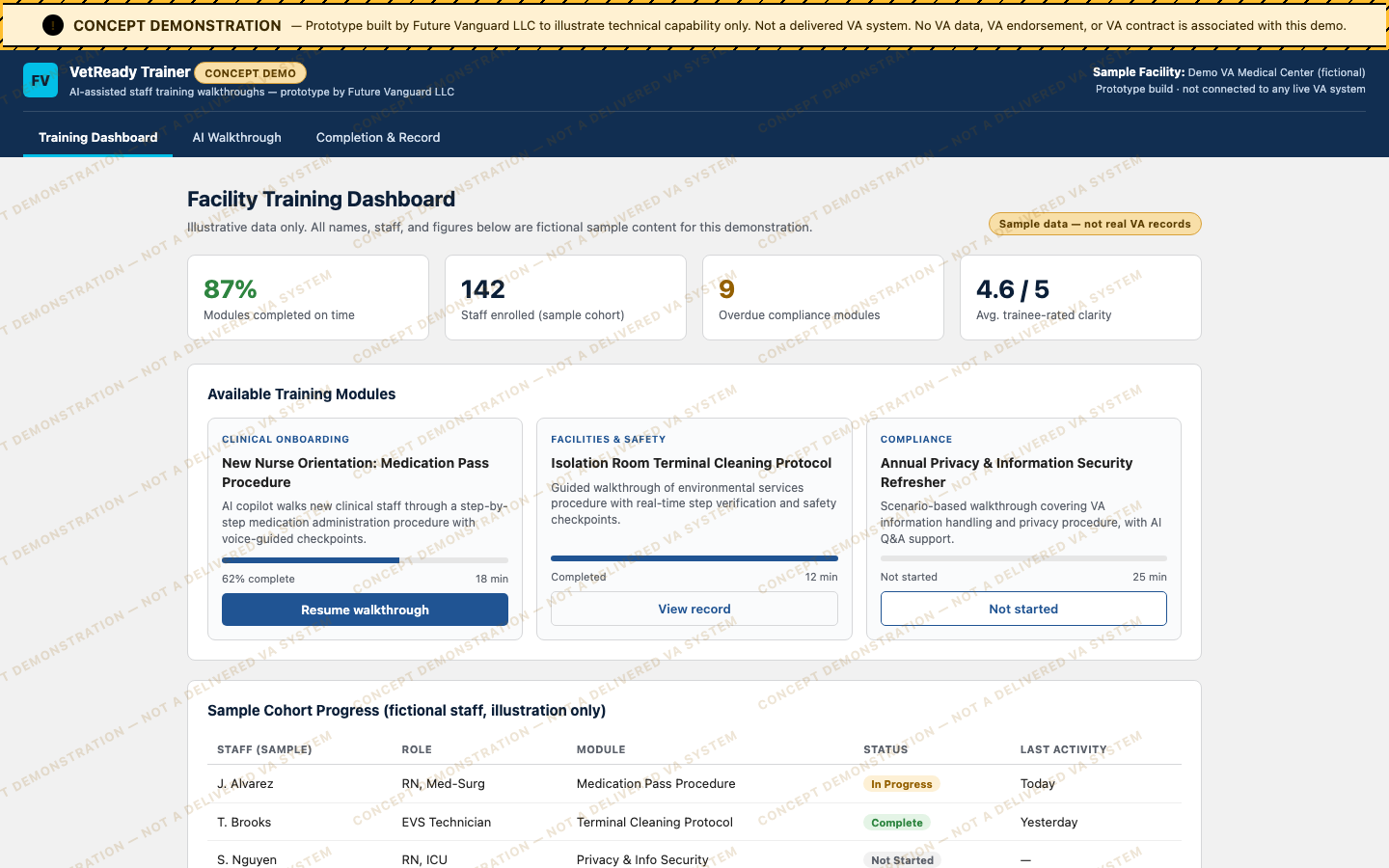 AI guided training platform prototype interface
