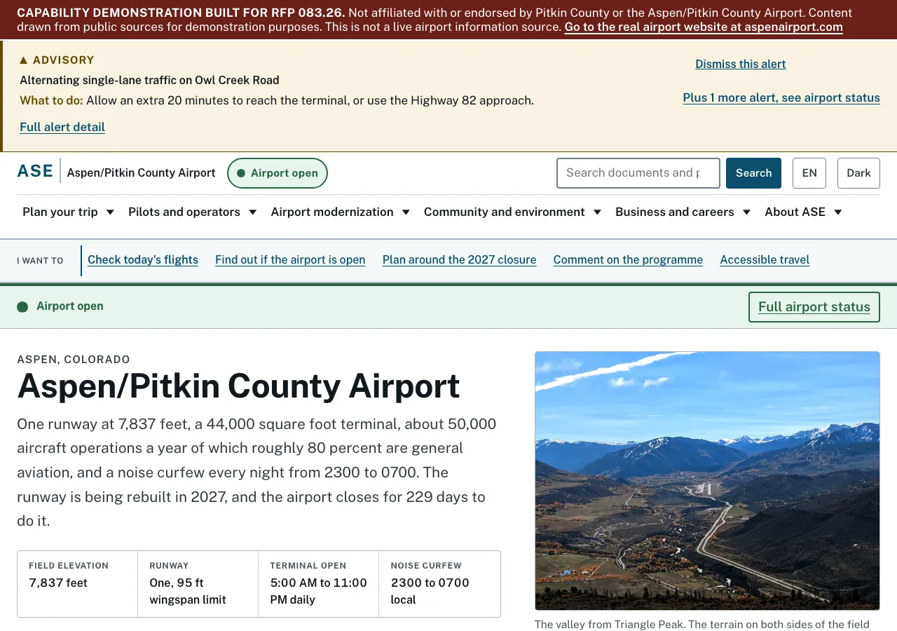 Aspen Pitkin County Airport website interface