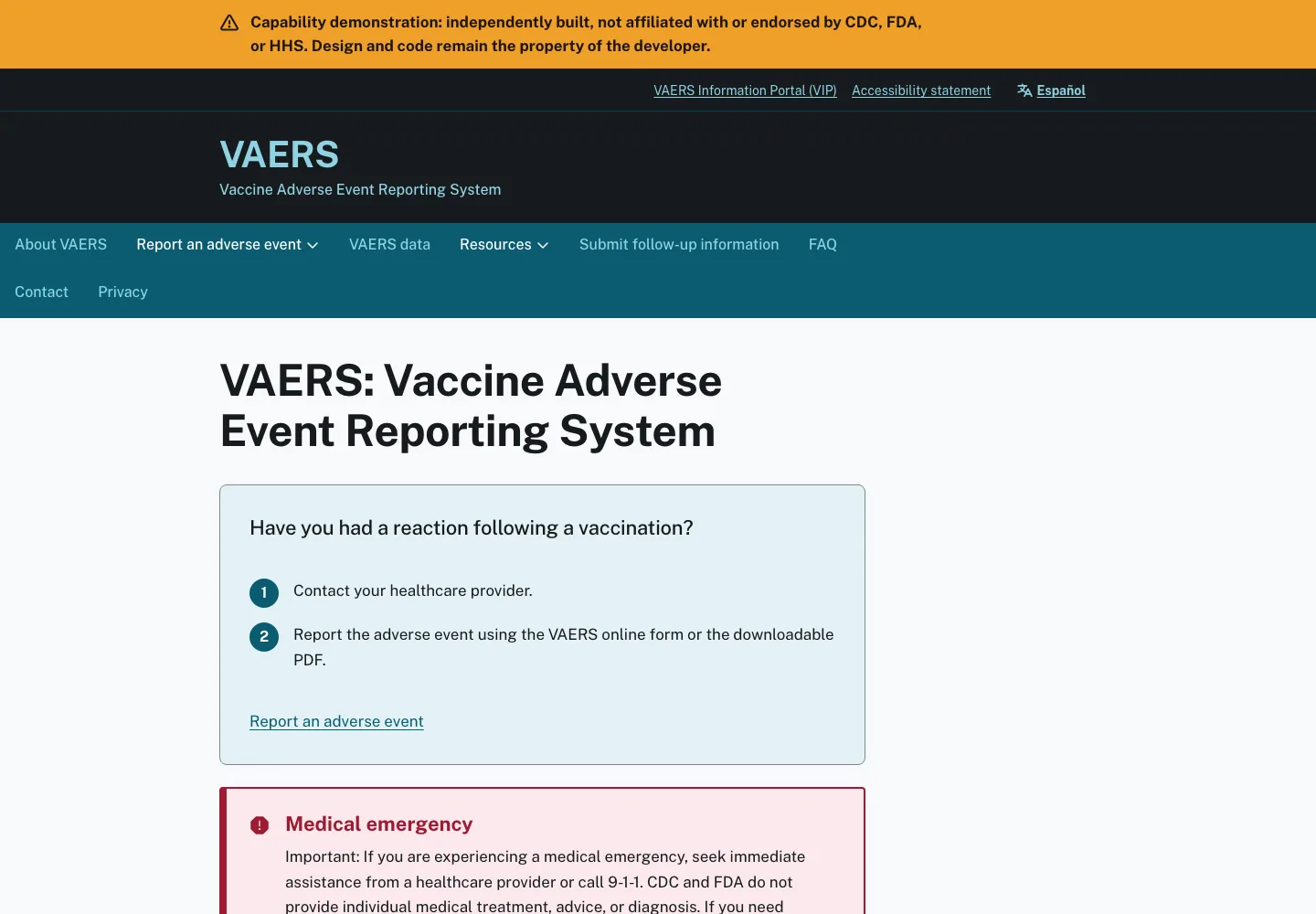 VAERS modernization reporting interface